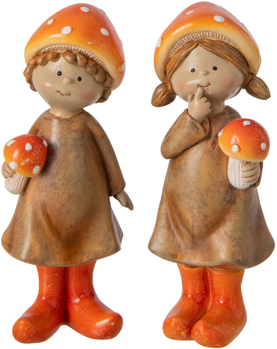 J-Line figuur Jongen + Meisje Paddenstoel - polyresin - beige/oranje - small - 2 stuks
