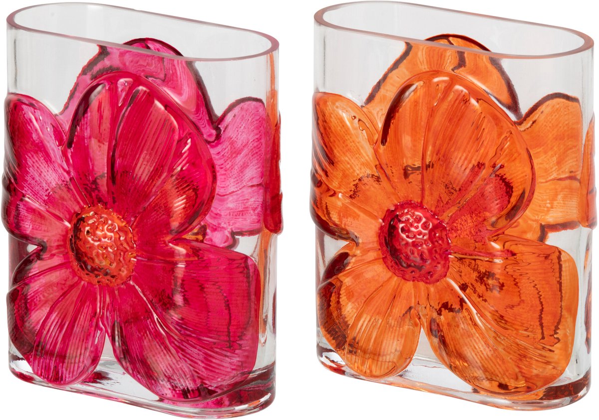 J-Line vaas Bloemen - glas - oranje/fuchsia - small - 2 stuks