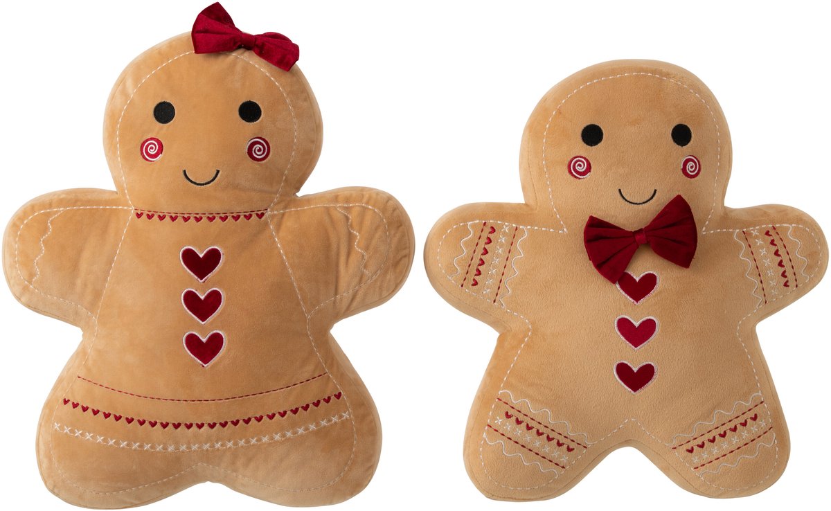 J-Line Peperkoekkussen - polyester - camel/kerstrood - assortiment van 2