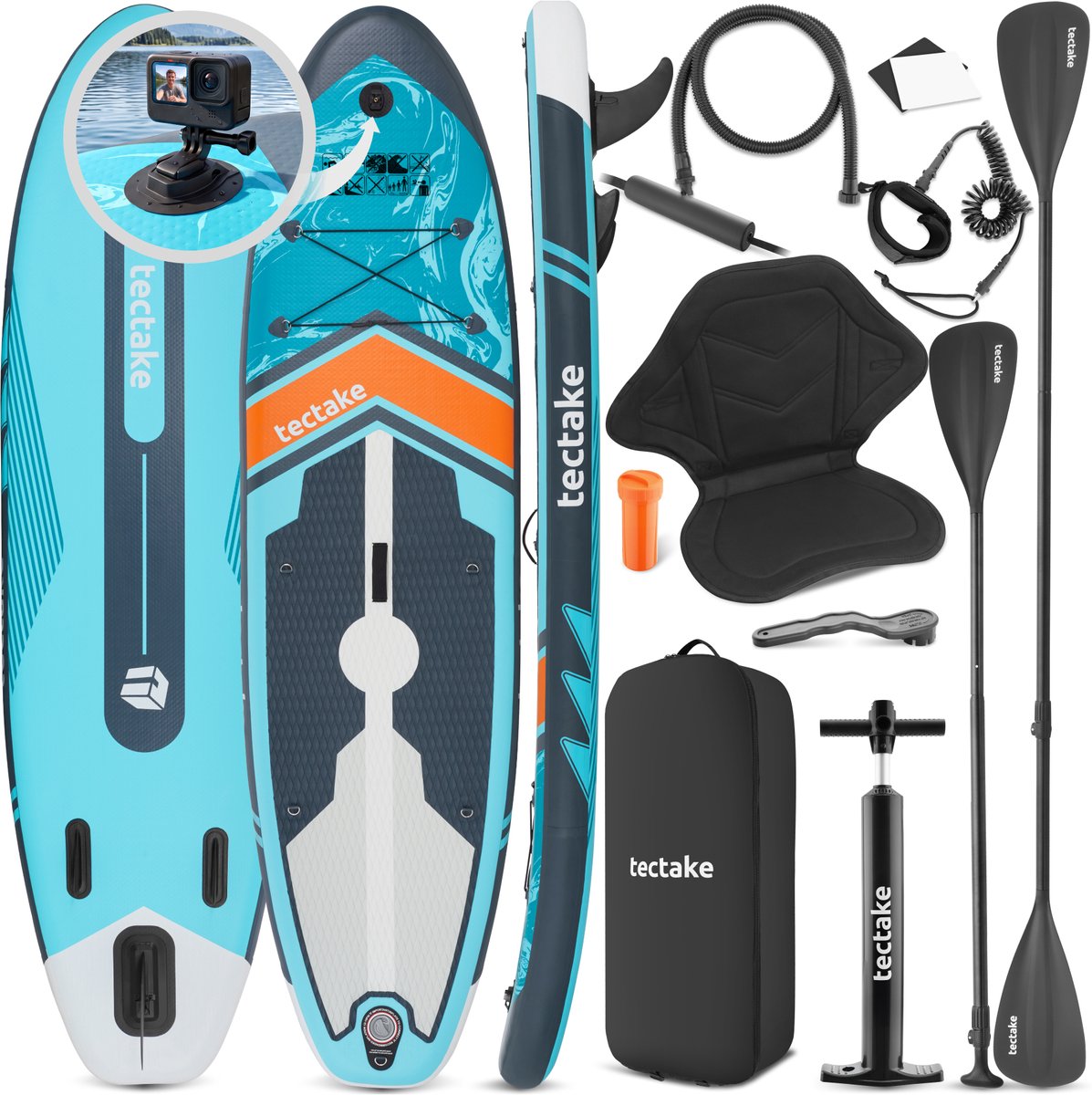 tectake® Stand-Up Paddle Board met Camerabevestiging - 2-in-1 SUP Plank - Opblaasbaar - Stabiel - 288 x 77 x 22,5 cm - Ook als Kajak - Max 200kg - Oranje Turqoois - Complete SUP set met Zitje en Camera Mount