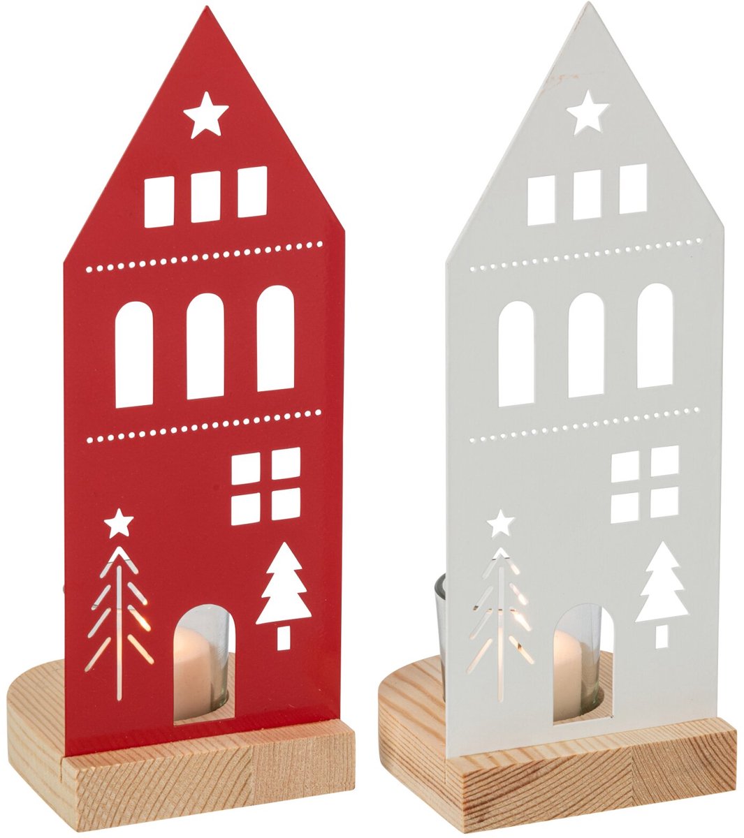 J-Line Windlicht huis - ijzer - wit/kerstrood - large - assortiment van 2