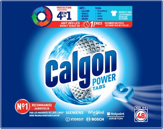 Calgon Power Tabs verpakking met '4 in 1' en 'nr. 1 aanbevolen door wasmachinefabrikanten' in het Nederlands.