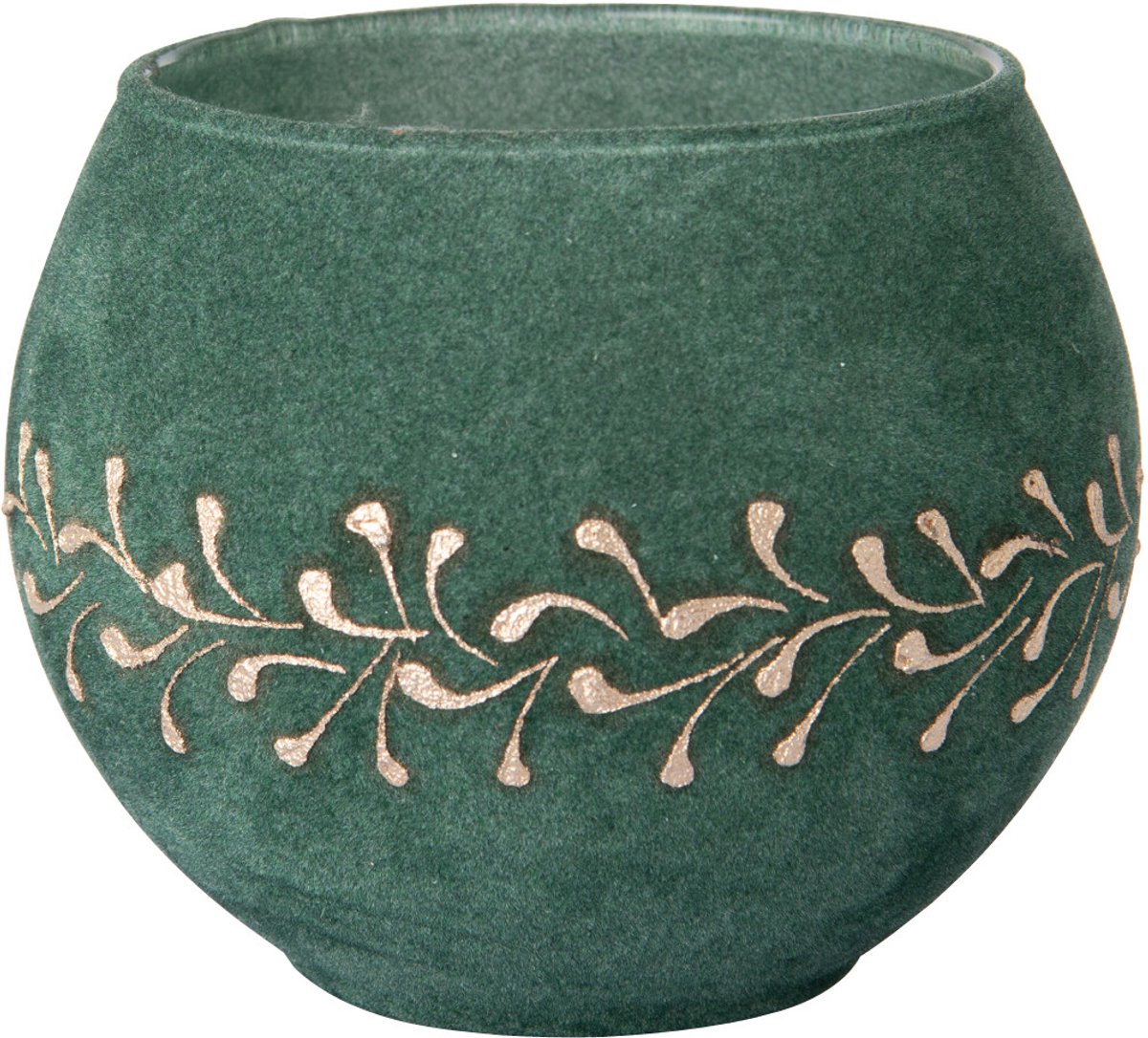 J-Line Windlicht met bladeren - glas - donkergroen/goud - set van 2