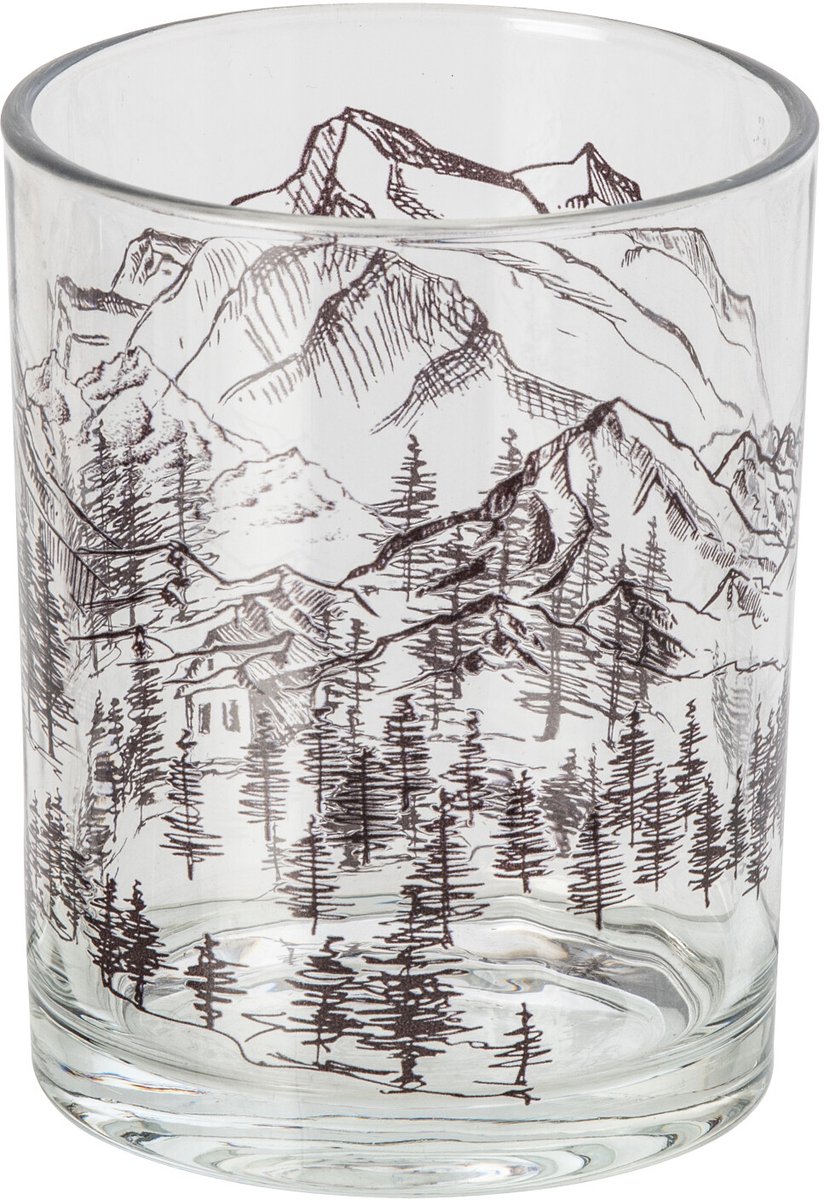 J-Line Windlicht met bergen - glas - transparant/zwart - medium - set van 2