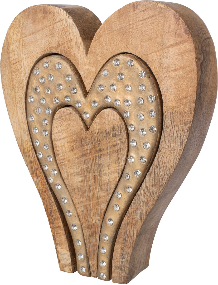 J-Line Hart met strass - mangohout - naturel/goud - large - set van 2