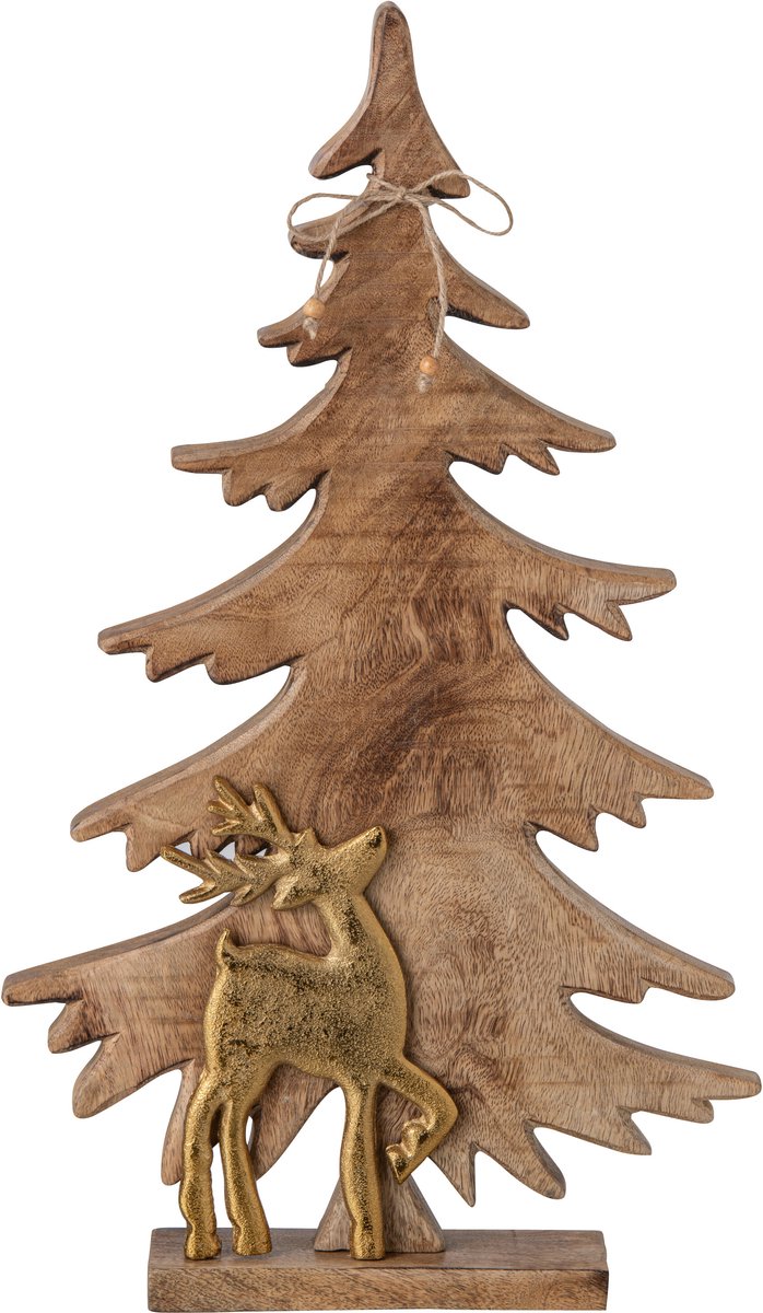 J-Line dennenboom met rendier - mangohout - naturel/goud - large