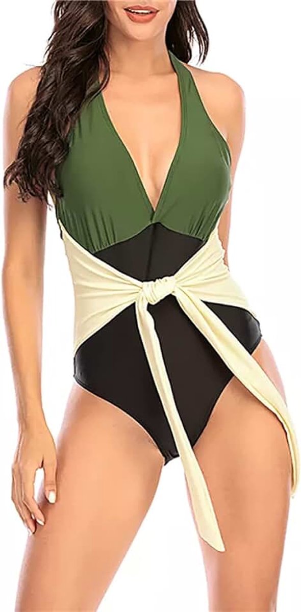 Bikini Zomer Dames Eendelig Badpak Mouwloos Diepe V-hals Backless Vetersluiting Halter Badmode Beachwear Biquini