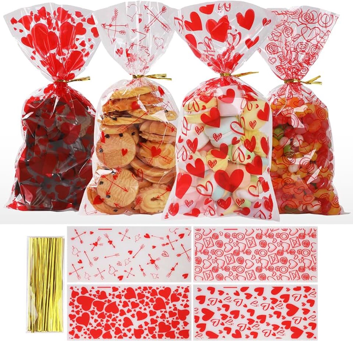 100 stuks Valentijnsdag traktatiezakken, 4 verschillende stijlen Valentijnsdag traktatiezakken, Valentijnsdag goodies zakken met 100 stuks gouden twistbanden voor Valentijnsdag feestartikelen