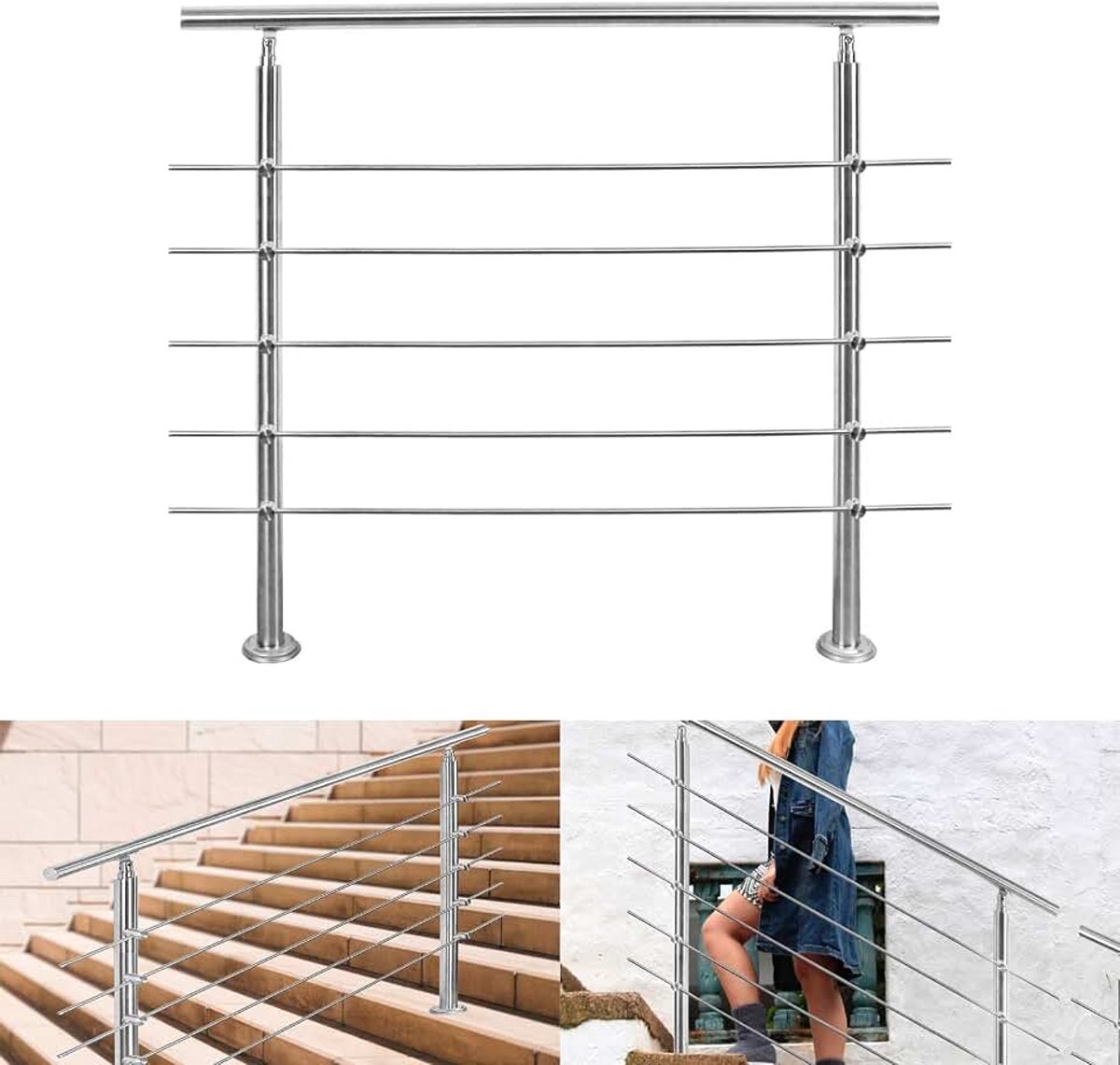 Leuning van roestvrij staal, 80 cm, roestvrij staal, binnen 5 dwarsliggers, trapleuning van roestvrij staal voor buiten, trapleuning buiten voor trappen, balustrade, balkon