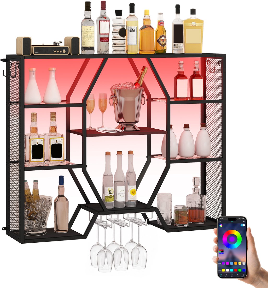 Puluomis - Wandschap - Wijnrek - RGB-verlichting - Houten wijnrek - Wijnglazenhouder - 100x80x20 cm - Zwart