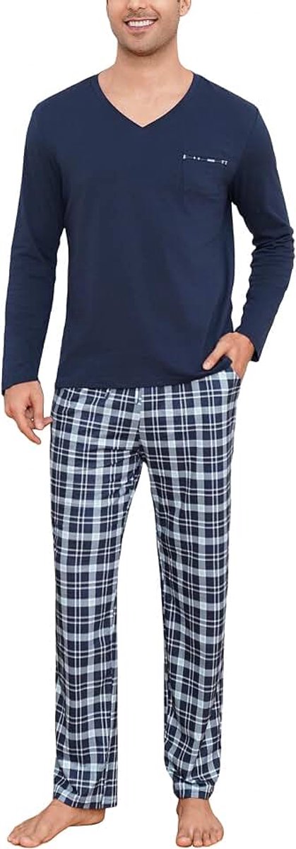 Pyjama heren lang katoen huispak V-hals lange mouwen pyjama nachtkleding winter geruite pyjamabroek