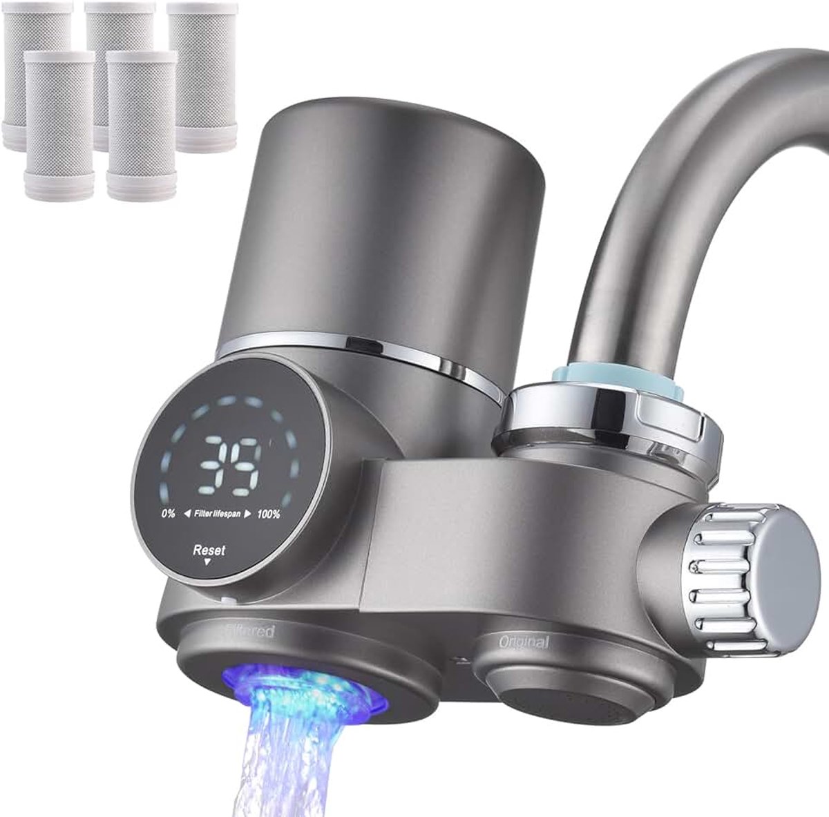 Waterfilter kraan met blauw licht, 5 filters inbegrepen en waterfilter voor keuken, verwijdert chloor, zware metalen en kalk, verbetert de smaak, 12 x adapter