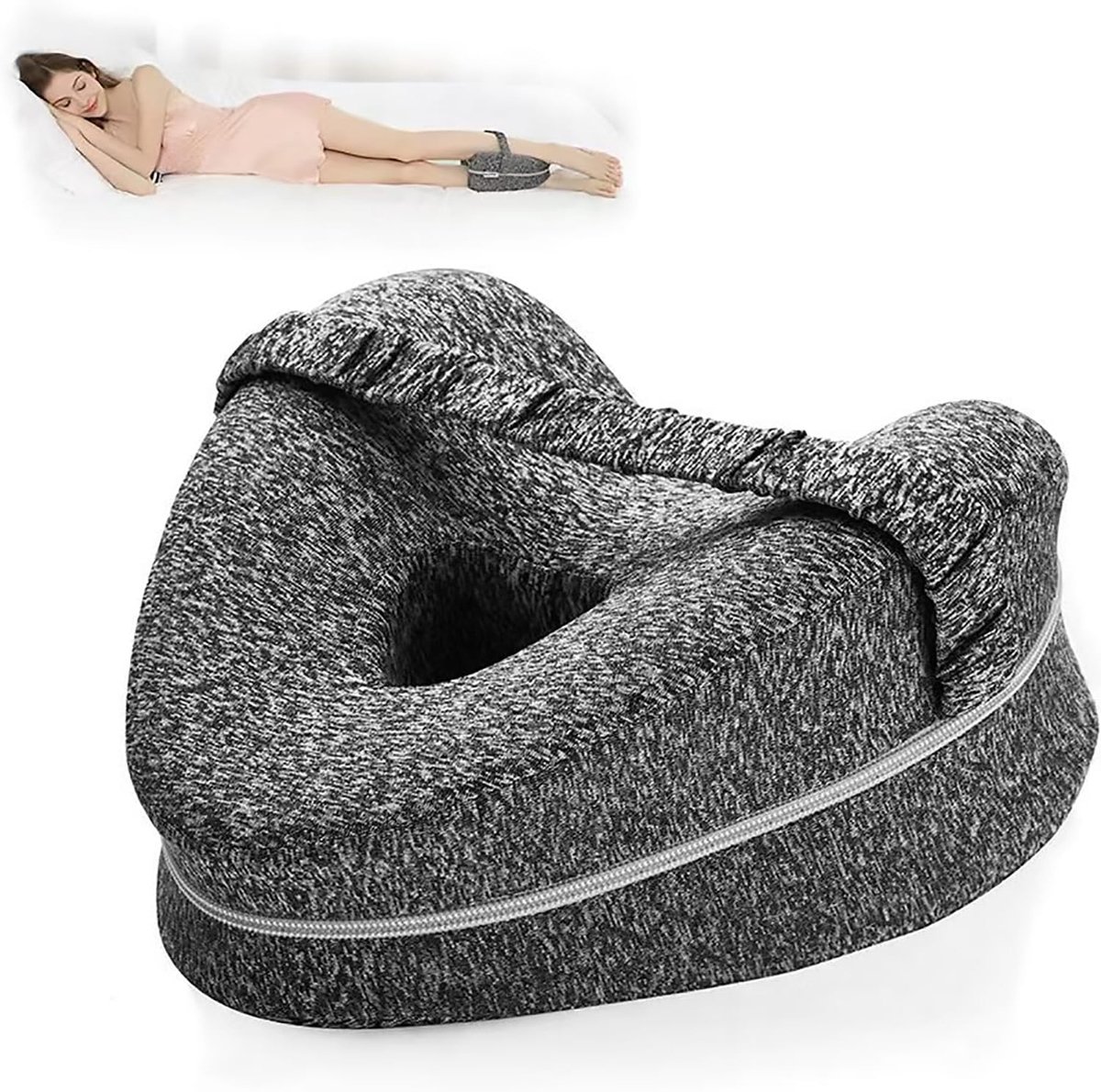 Kniekussen voor in bed - Beenkussen - Kussen voor zijslapers - Orthopedisch kniekussen met bandjes - Ergonomisch beenkussen - Traagschuim - Hartvormig - Geschikt voor zijslapers - 25*23*13 cm - Grijs - 1 stuk