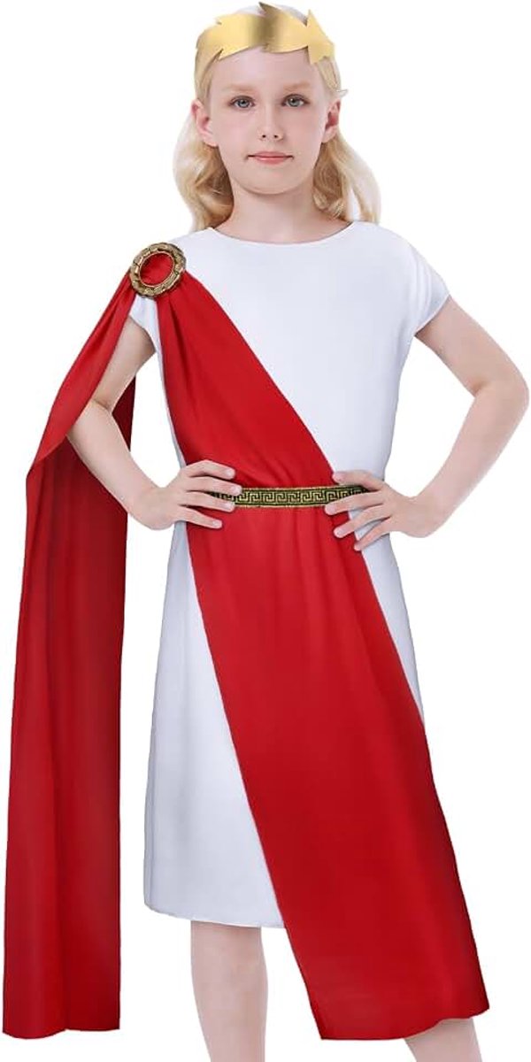 Romeinse keizer verkleedkostuum voor jongens, Romeins toga-kostuum voor kinderen met hoofddeksel, sjaal en riem, Romeinse toga jongensboekenweekkostuum, oud Grieks kinderkostuum voor cosplay