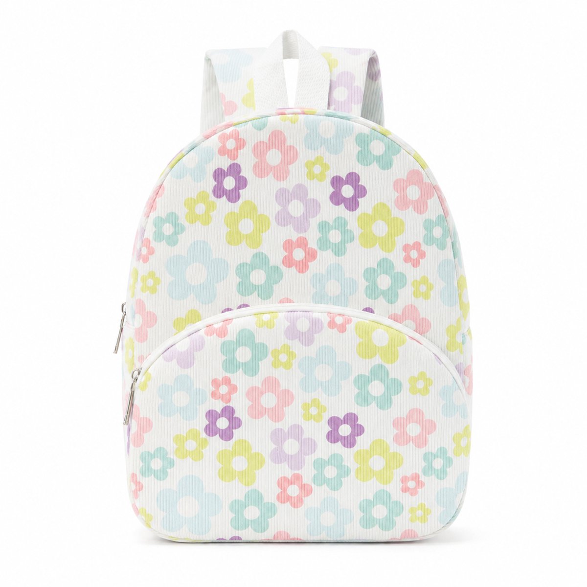 VHV - Rugzak - Kleine Schooltas en Studentenrugzak - Lichtgewicht Corduroy Rugzak met Voorvak en Rits - Voor Dames en Meisjes - School en Dagelijks Gebruik - Witte Pastel Bloemenprint