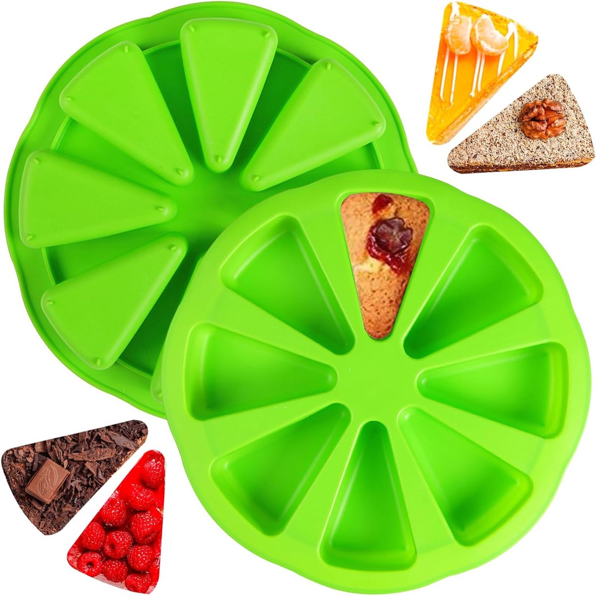 Driehoekige taartvorm, 8-holtes antiaanbakbakvorm, pizza-schijven bakvorm voor maïsbrood, brownies, muffin, groen, set van 2