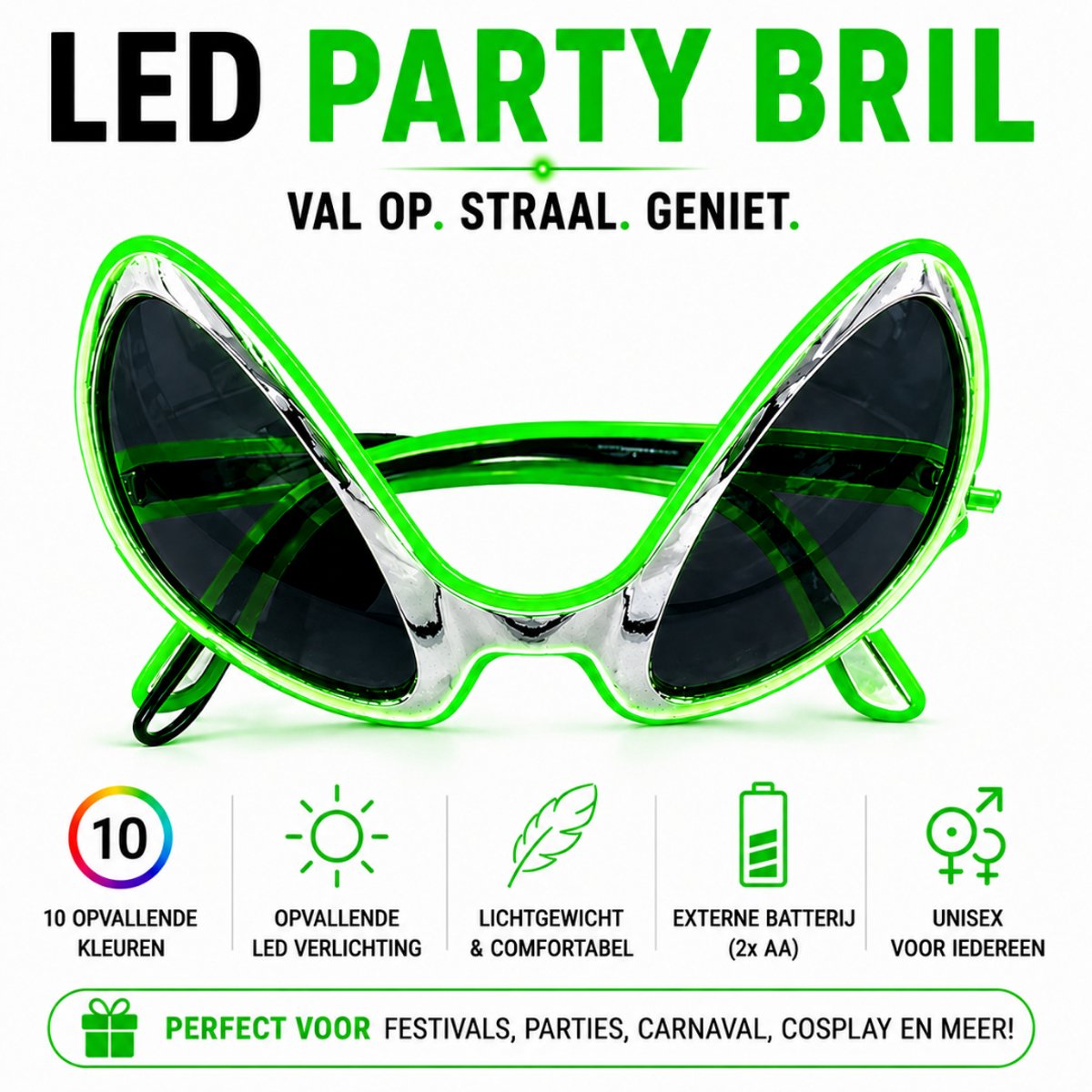GlowAlien LED Bril – Festival & Party Bril – Koningsdag & Carnaval – Groen Licht – 3 Lichtmodi