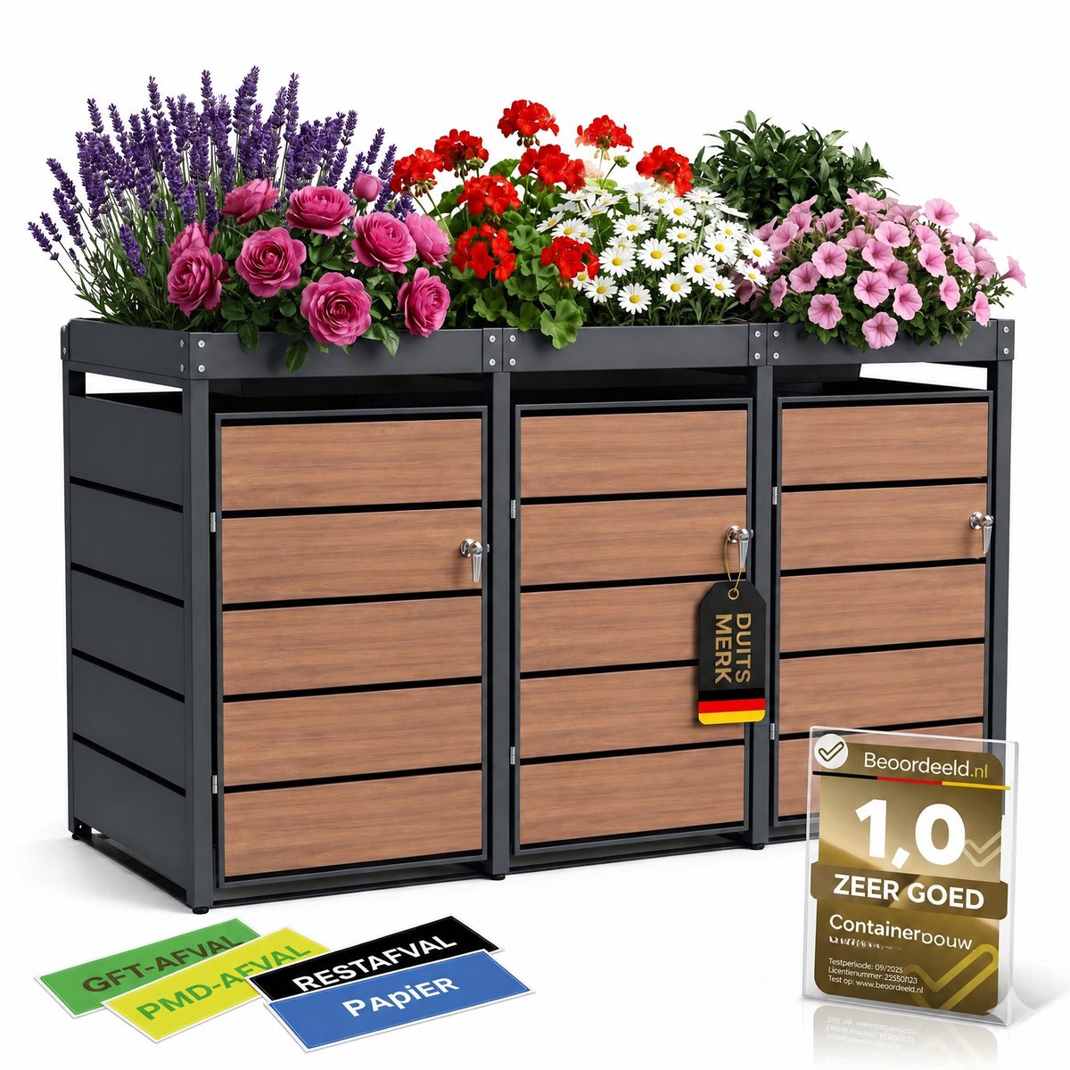 Afvalcontainerbox voor 3 containers, houtlook, met plantenbak, 120 l tot 240 l, voor drie containers, metaal, antraciet RAL 7016, afsluitbaar, weerbestendig, ISO 9227, inclusief set stickers