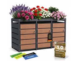 Afvalcontainerbox voor 3 containers, houtlook, met plantenbak, 120 l tot 240 l, voor drie containers, metaal, antraciet RAL 7016, afsluitbaar, weerbestendig, ISO 9227, inclusief set stickers