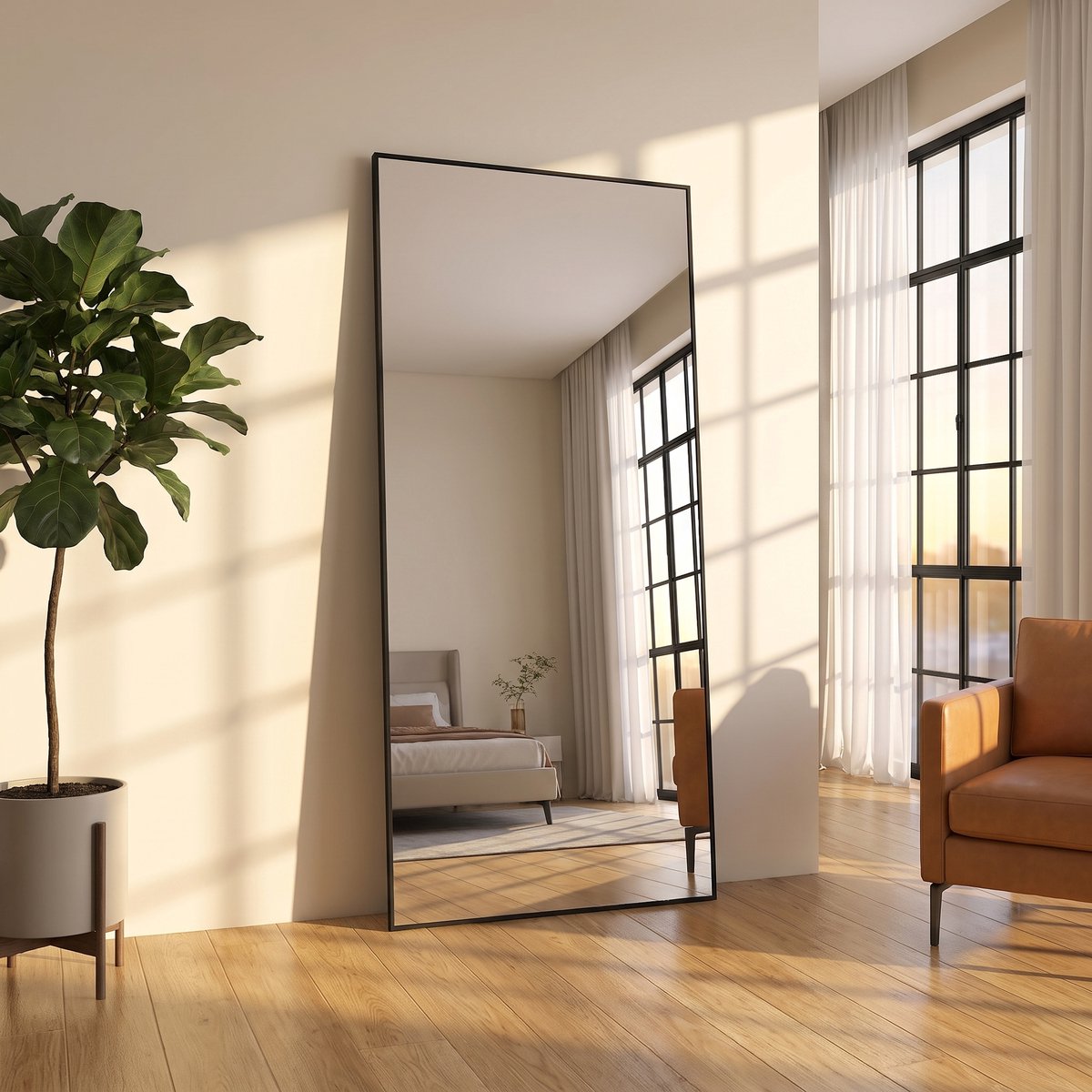 Spiegel Volledige Lengte 180x80 cm, Vrijstaande Spiegel met Eenvoudig Frame, Grote HD-Wandspiegel met Haak, Heldere HD-Glazen Reflectie, Onbreekbaar Lichtgewicht (Zwart, 180x80 cm)