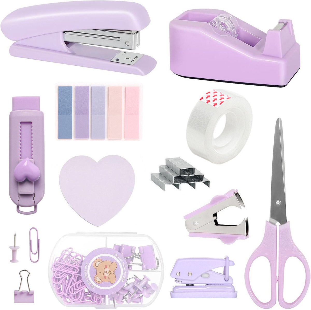 Complete Bureau Accessoires Set – Inclusief Nietmachine, Plakbandhouder, Perforator, Ontnieter, Schaar, Nietjes, Binderclips, Paperclips, Punaises, Gum, Paginamarkers & Notitieblok – Paars –1 Set