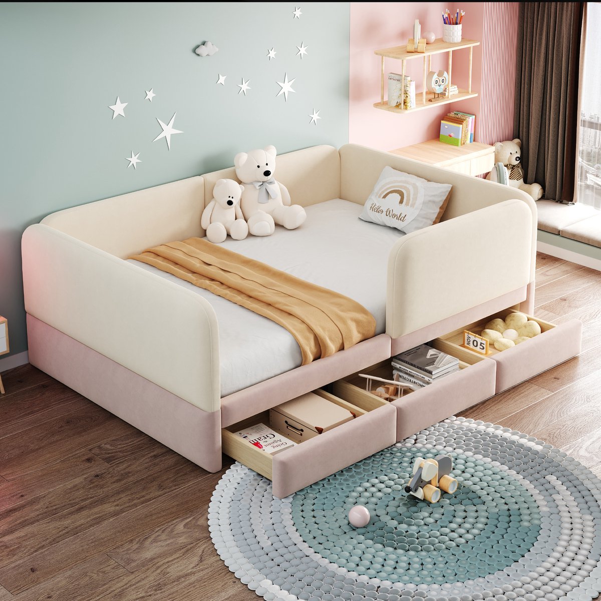 PHOEBE CAT Kinderbed - 140 x 200 cm - Gevoerde veiligheidszijhekken - Afgeronde hoeken - 2 lades - Fluweel - Beige + Roze (exclusief matras)