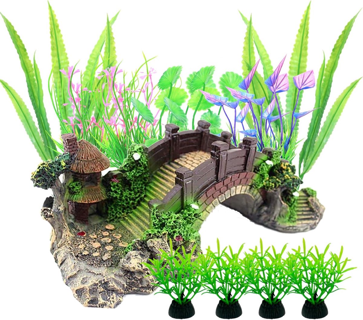 Aquarium decoraties groene planten - 13 stks kunststof waterman planten - boog brug en paviljoen voor vis tank - SnelShoppen