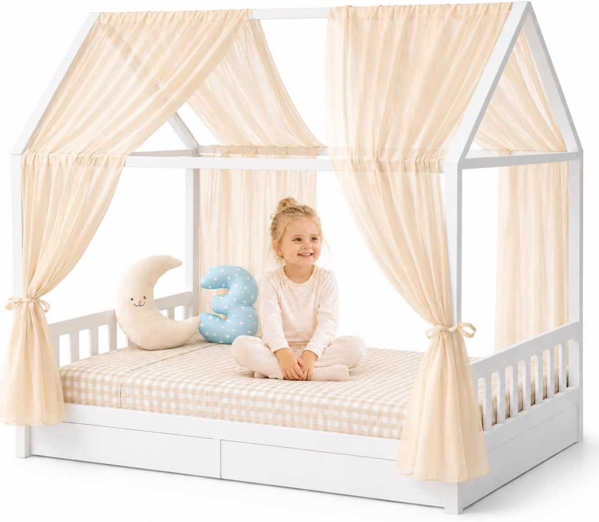 Huisbed hemel van 100% polyester – set van 2 – ademend en duurzaam – bedhemel, baldakijn voor kinderbed en huisbed, kinderkamer, decoratie, beige, 160 x 320 cm, 2 stuks