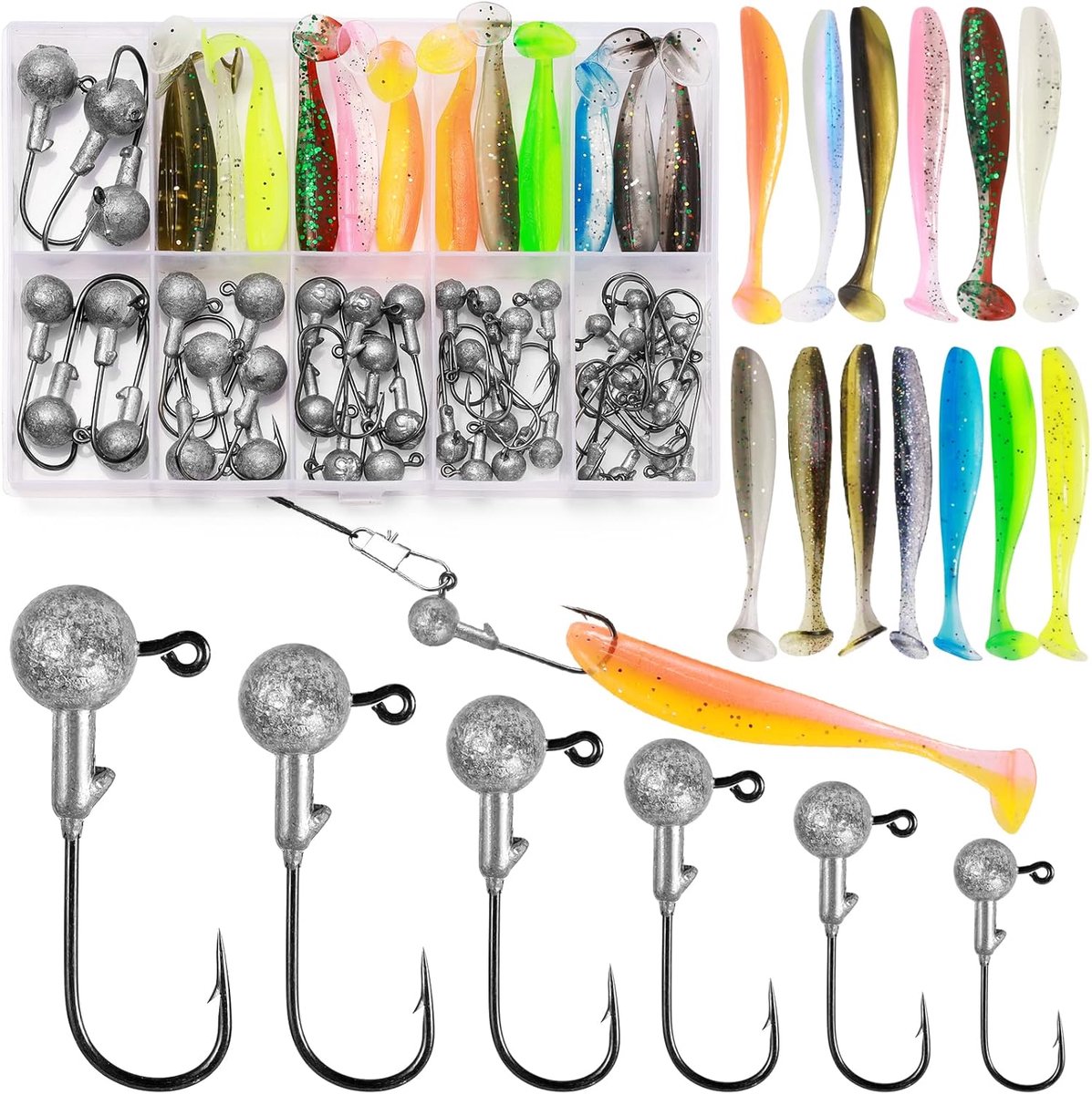 58 Stuks / 6 Maten Jigkoppen met Rubbervissen 10g / 7g / 5g / 3,5g / 1,8g / 1g Vistuigen met Ronde Loodkogels Tweekleurige Realistische Softbaits Vissen Aas voor Zoetwater en Zoutwater, Baars