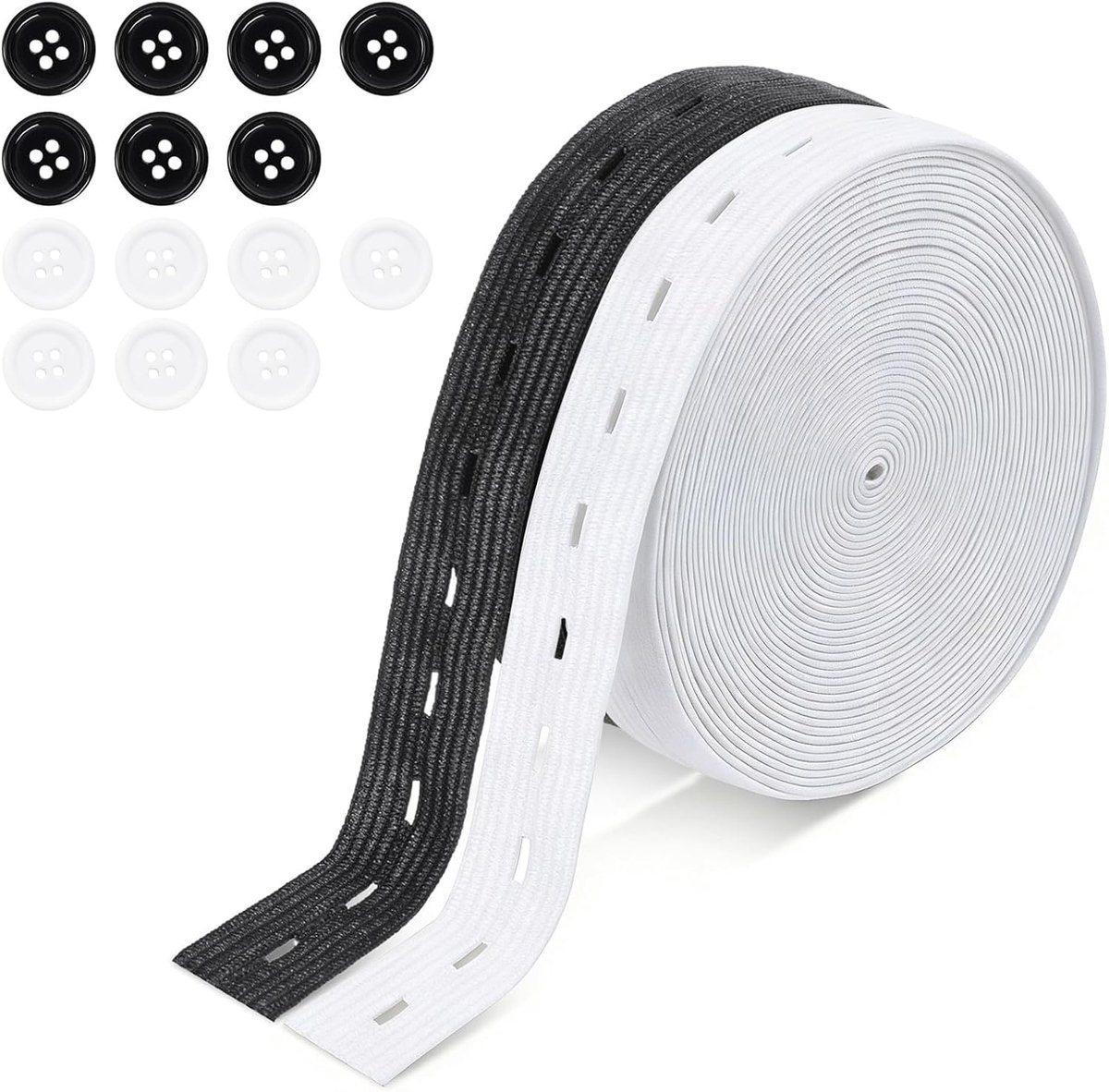 2 rollen elastiek, elastieken om te naaien, 3 cm x 7 m, gatelastiek met knoopogen, plat naaiband, verstelbaar, elastiek om te naaien met 14 knopen, voor broekband, doe-het-zelf, handwerk