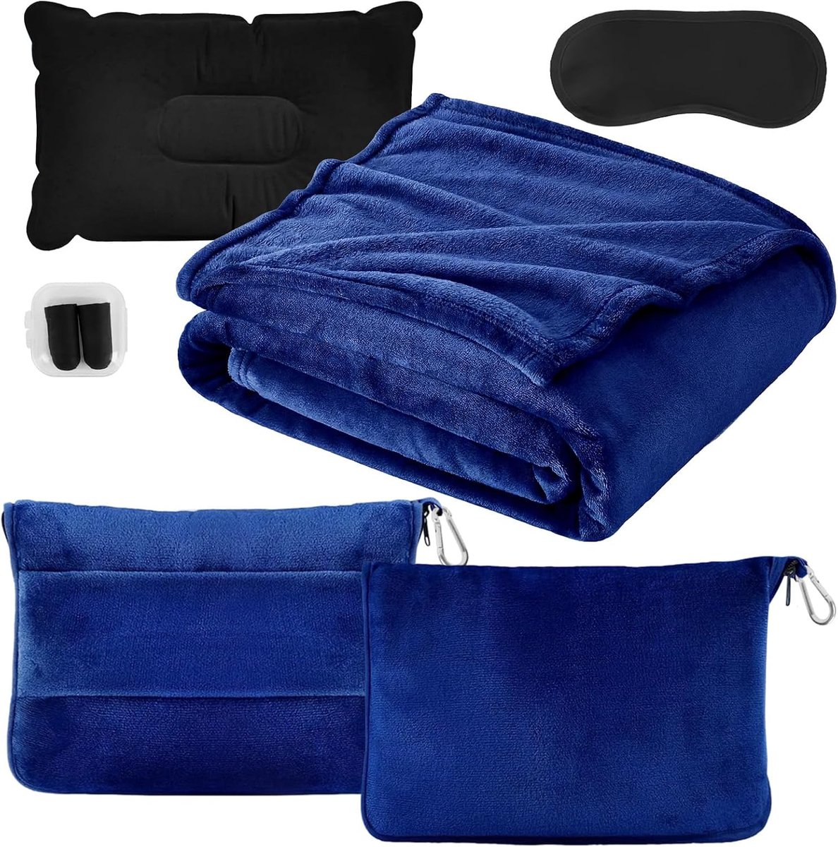 3-in-1 opvouwbare reisdeken, zachte en warme reisdeken voor vliegtuig en auto, draagbaar opblaasbaar vliegtuigkussen met hoes, bagagehoes, rugzakclip, oogmasker en oordopjes (blauw)