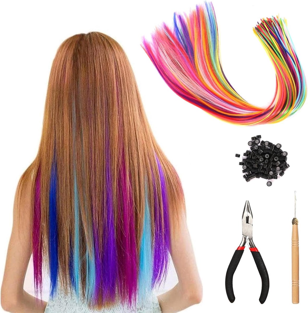 haarverlengingset, 100 stuks, haarstrengen voor kinderen, haarstrengen om vast te klikken met tang, haakjes, paardenstaart, vlechten, clip, gekleurde haarverlenging voor vrouwen, feest