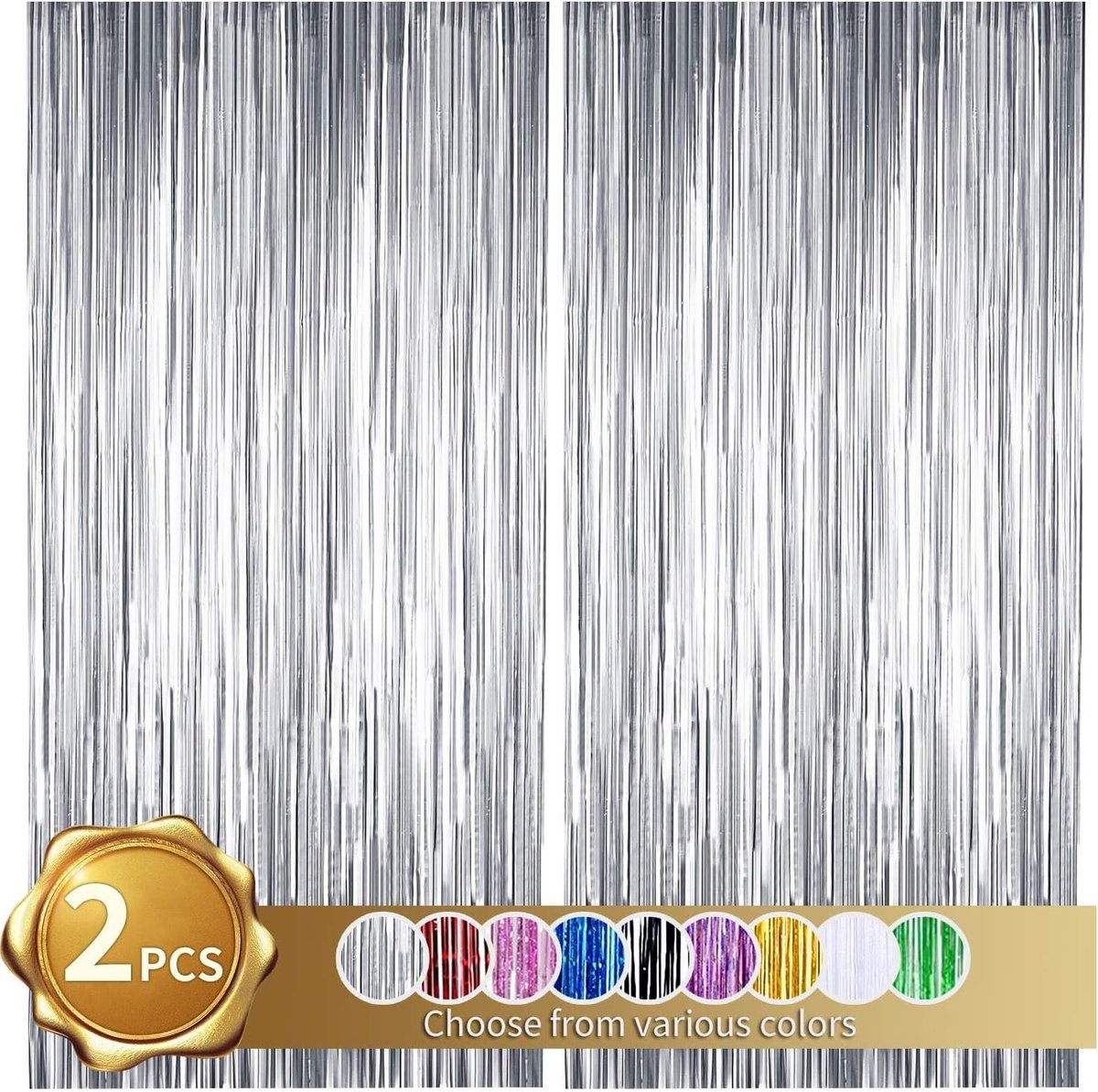 2 stuks zilverfolie franje klatergoud gordijnen, metallic glitter gordijn, deur streamers voor afstuderen podium, verjaardag bruiloft babyshower, kerstfeest decoratie (1 m x 2 m)