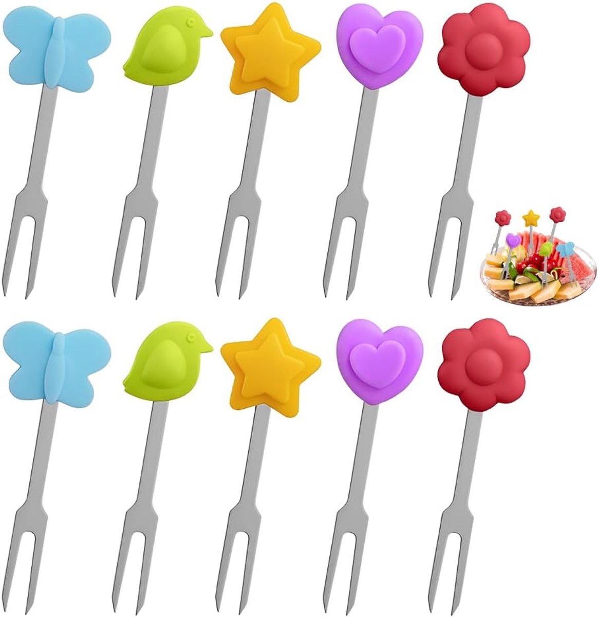 Verpakking van 10 fruitvorken, roestvrij staal, 7 cm, fruitprikkers voor lunchbox, taartvorkjes, herbruikbaar, feestvorken, cocktail, kleurrijk, tafelvorken, dessertvorken met siliconen
