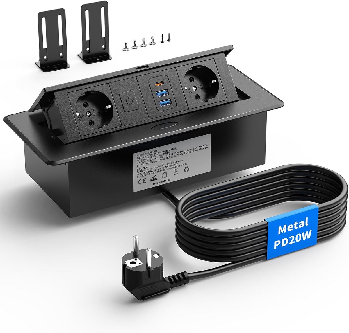 Stopcontact met USB-C PD 20 W, aluminium, schakelaar | 2 stopcontacten, 2 USB-A-poorten, 2500 W/10 A, inbouwmontage, 1,8 m kabel, kantoor en keuken