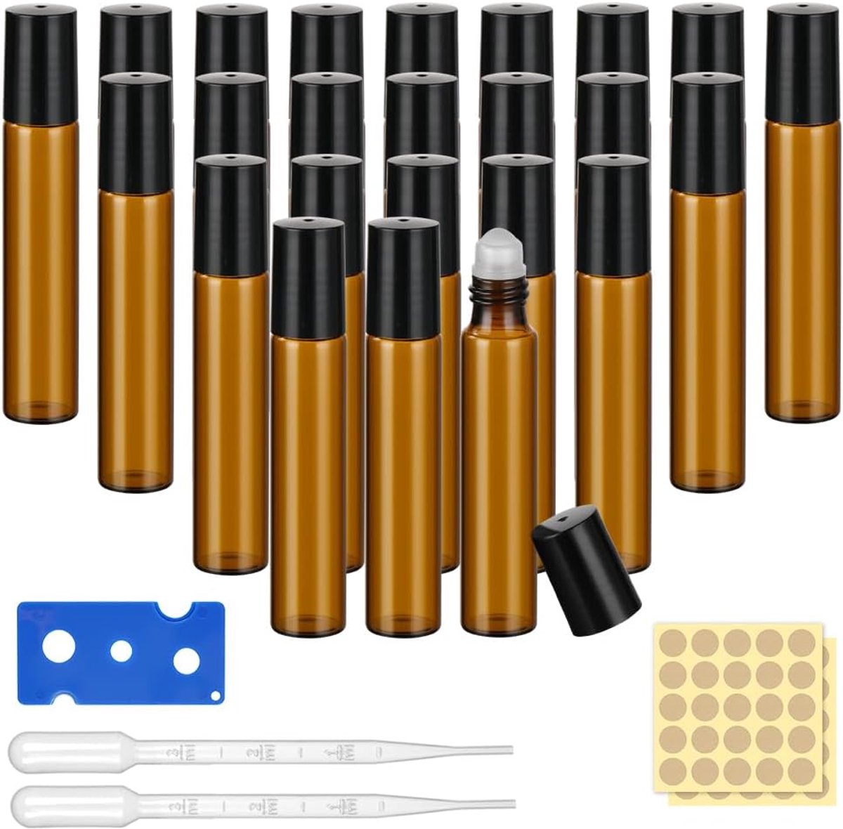 10 ml bruine rollon-glazen flessen, 24 vulbare rollonflessen, lekvrije rollonflessen, flessen met glazen bol en accessoires voor parfum, aromatherapie, etherische oliën