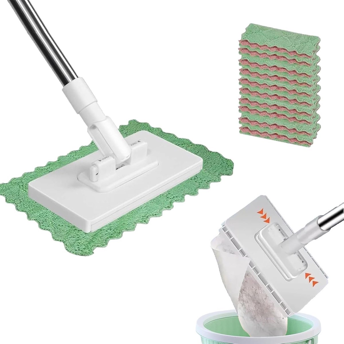 Dweilmop met drukklemsysteem, vloerwisserset met 10 reinigingsdoekjes, 1-knop-wissel, automatische doekwissel zonder handwas, voor huishouden, restaurant en kantoor