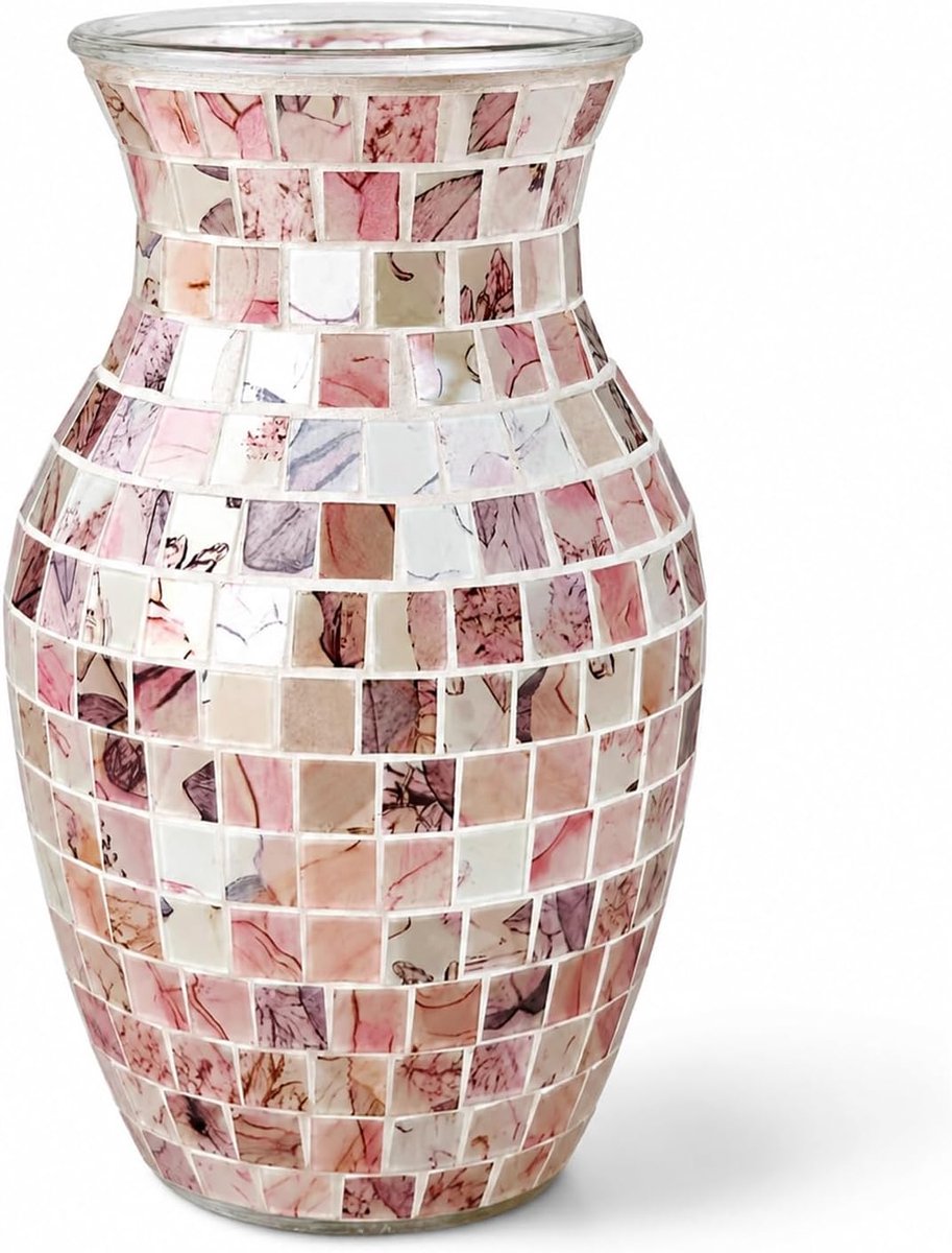 Glazen vaas met mozaïekdecoratie - Roze-B - Mediterraan woonaccessoire - Perfect voor bruiloftdecoratie - SnelShoppen