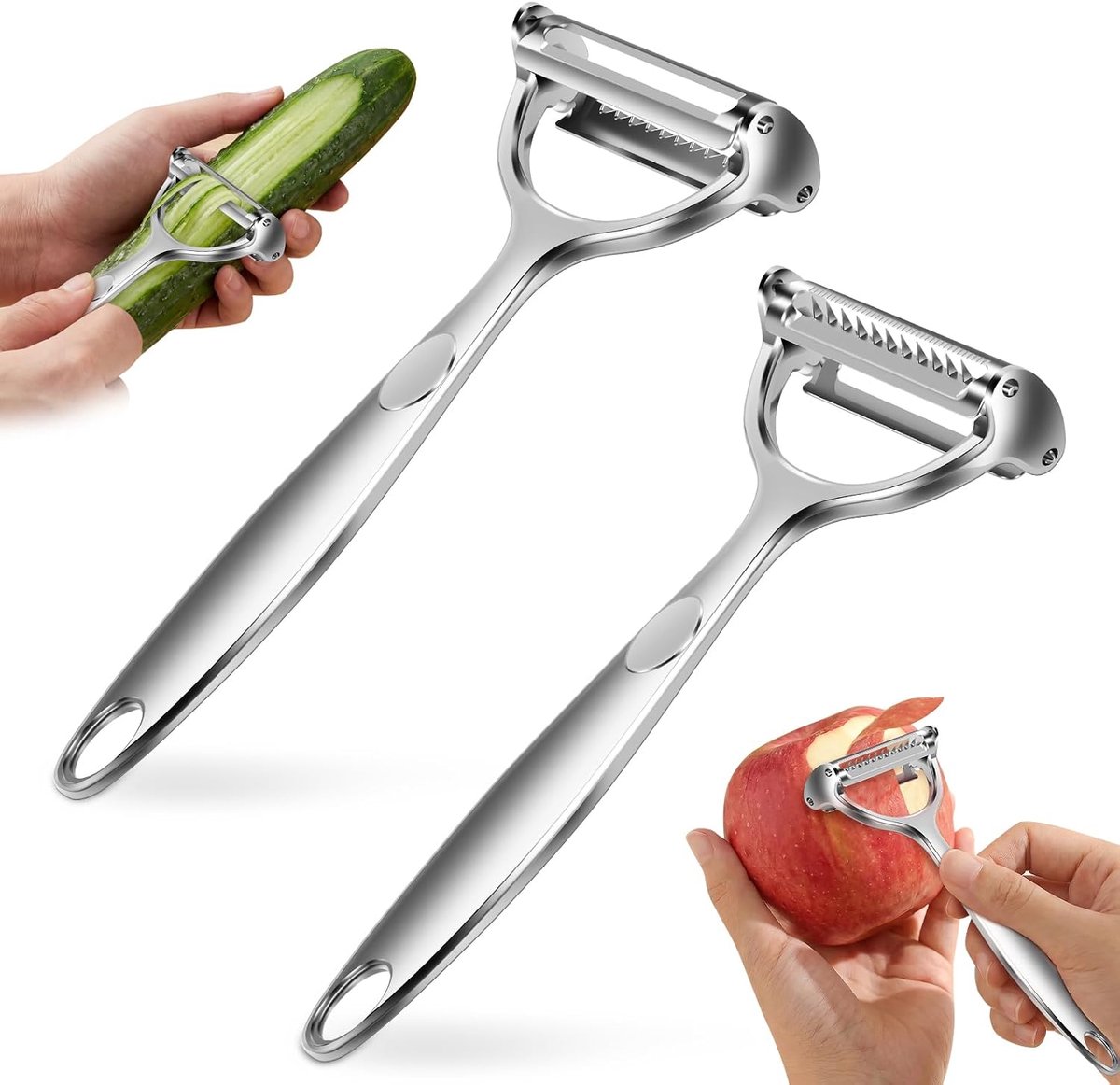 2 stuks multifunctionele groenteschiller, 3-in-1 dunschiller, roestvrij staal, groenten, julienne, snijder, aspergedunschiller, aardappelschiller, snelle dunschiller voor groenten en fruit