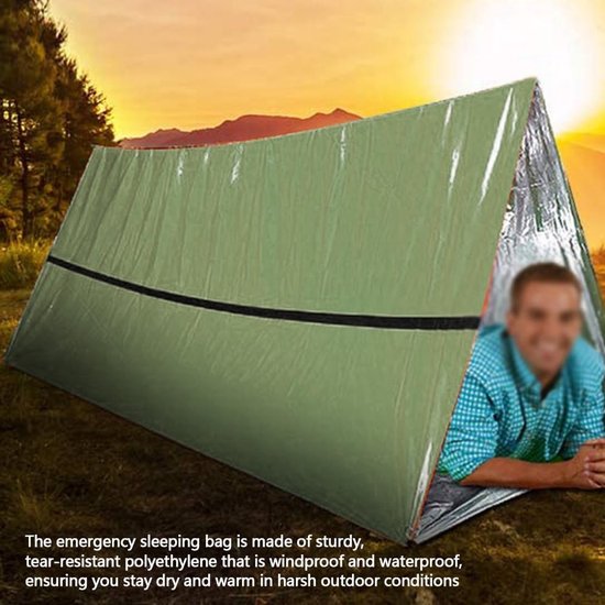 Noodslaapzak - Overlevingsdeken reddingsdeken - Outdoor avonturen - Weerbestendig en robuust - 215 x 90 cm - Groen — afbeelding 5