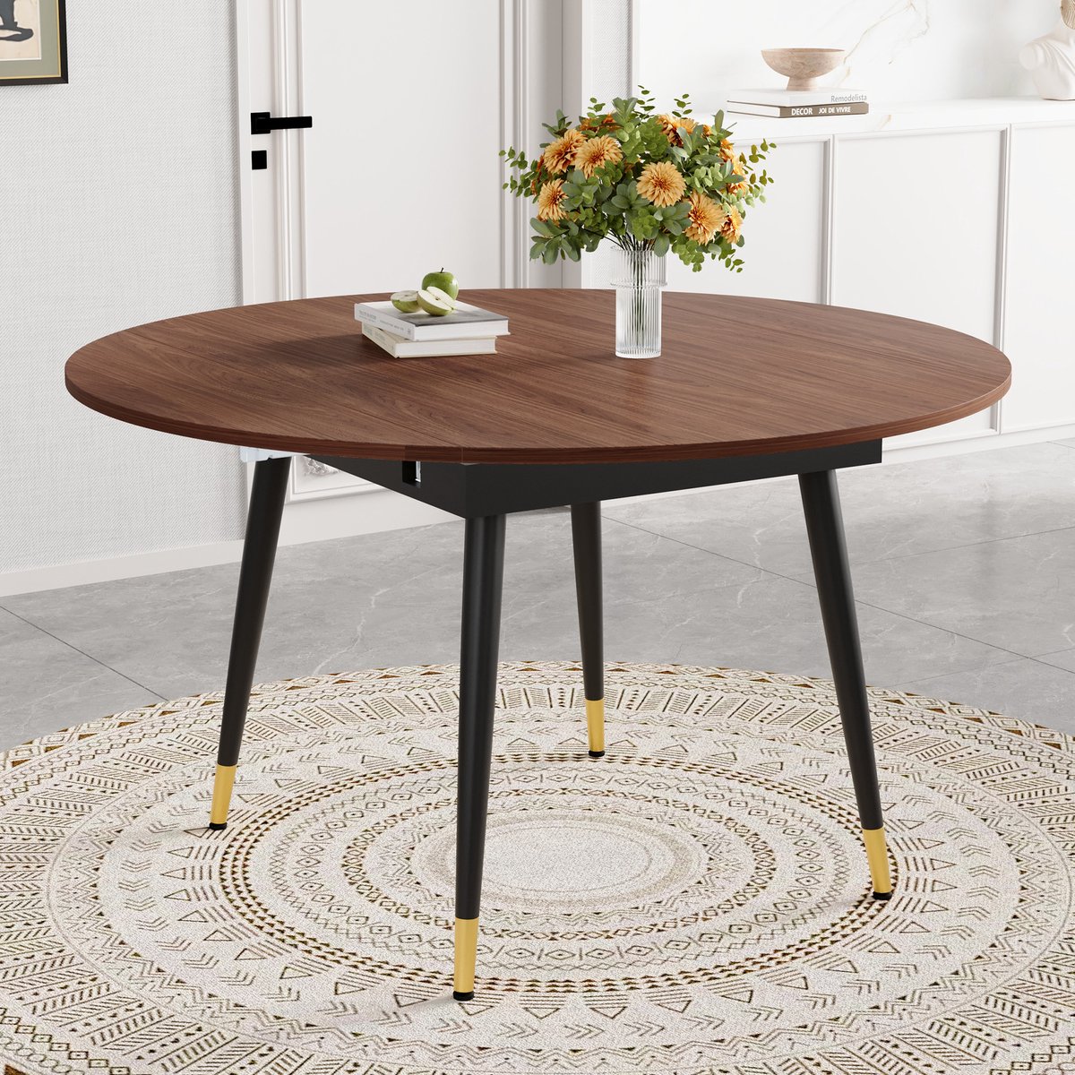 Uitschuifbare Eettafel - Ronde Naar Ovale Tafel, MDF Blad Met Metalen Poten - Walnoot