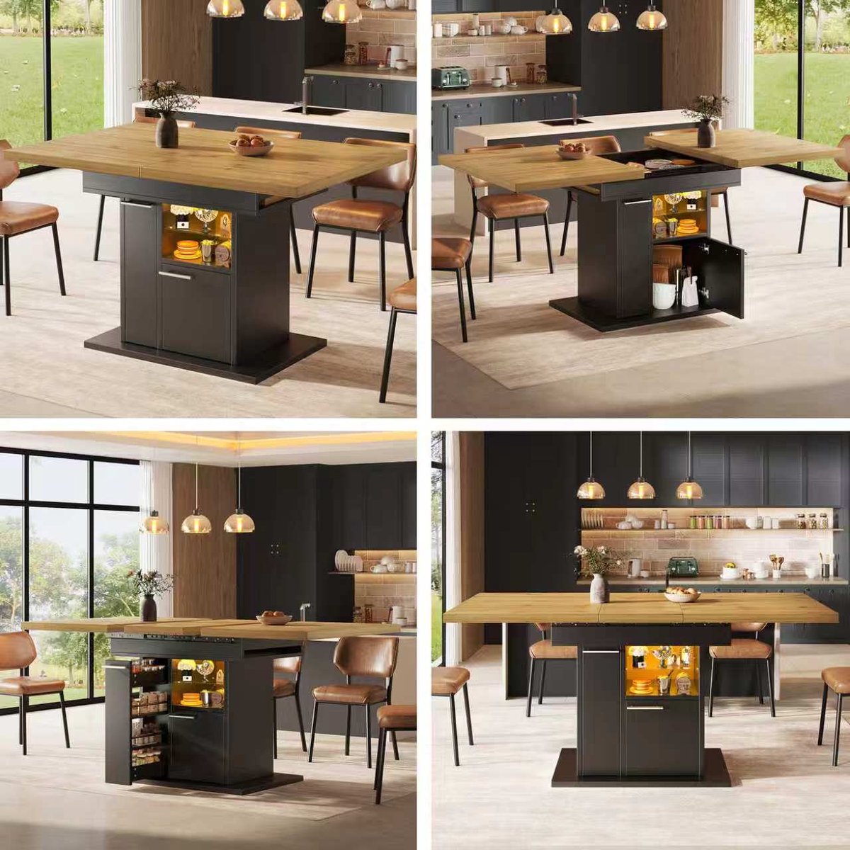 Eettafel 140x80 cm Met LED Verlichting - Uitschuifbare Eettafel Met Kast En Glazen Legplanken - Moderne Ruimtebesparende Tafel Voor Kleine Woning, Keuken En Woonkamer - Zwart