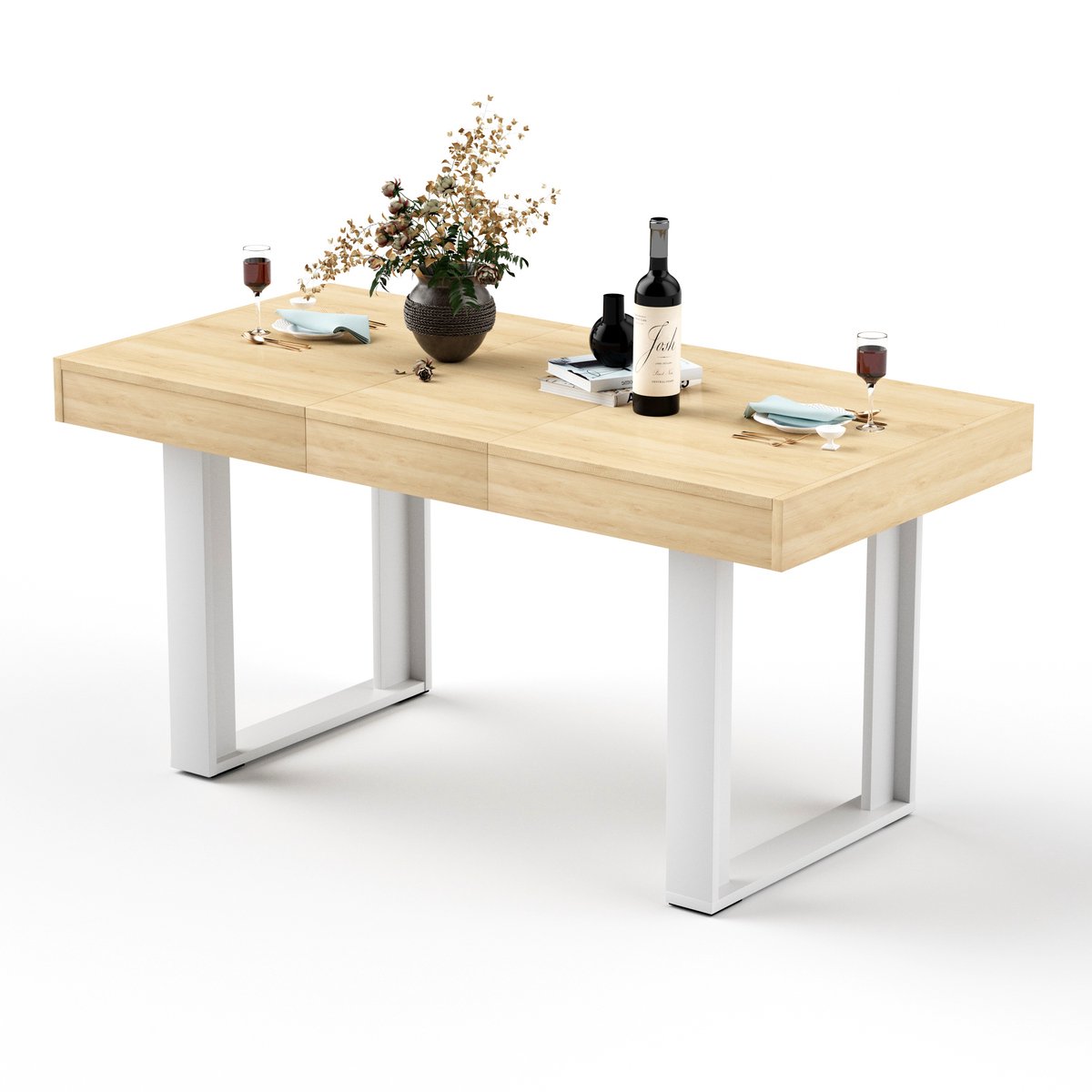 Uitschuifbare Eettafel - 120-160 cm Houten Tafel Voor 8 Personen Met Retro Design - Naturel/Wit