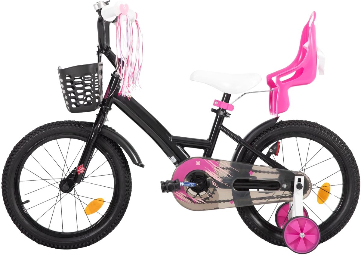 Kinderfiets – Voor meisjes 3–10 jaar – Met zijwieltjes, streamers, mand en poppenzitje – Black-16 Inch