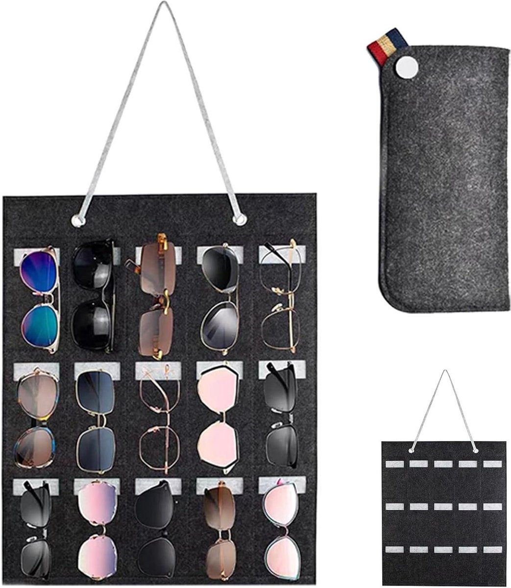 Hanging Sunglasses Organizer with 15 Compartments - Wall-Mounted Dustproof Storage