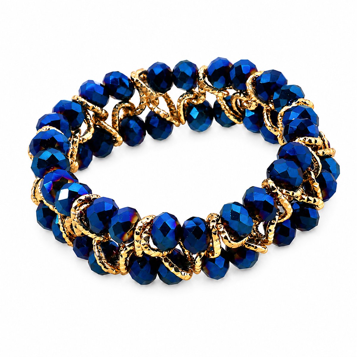 Innerlight® Kralenarmband Dames – Elastische Armband met Facetgeslepen Glaskralen – Blauw met Goudkleurige Details – Handgemaakt Dames Sieraad