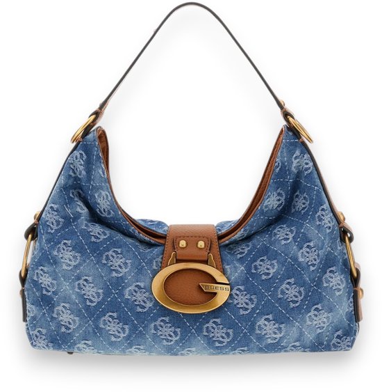 Blauwe denim schoudertas met Guess logo print, bruine lederen riem en G-gesp.