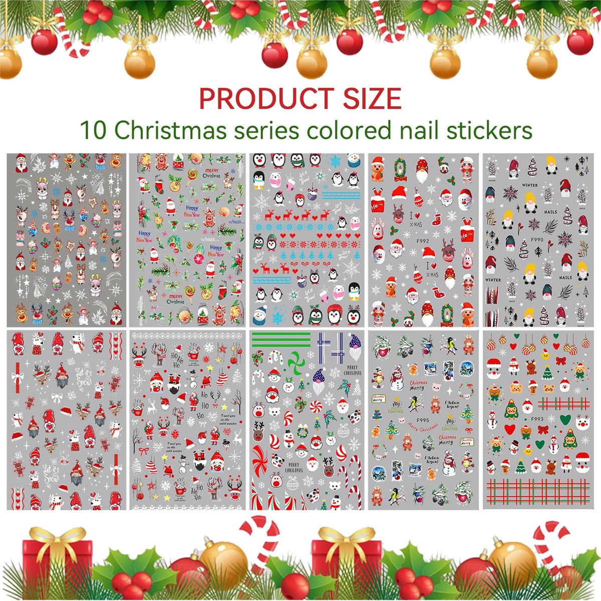 Nagelstickers 3D Kerstmis - Zelfklevend - Meerkleurig patroon met pinguïn, hert, sneeuwpop - SnelShoppen
