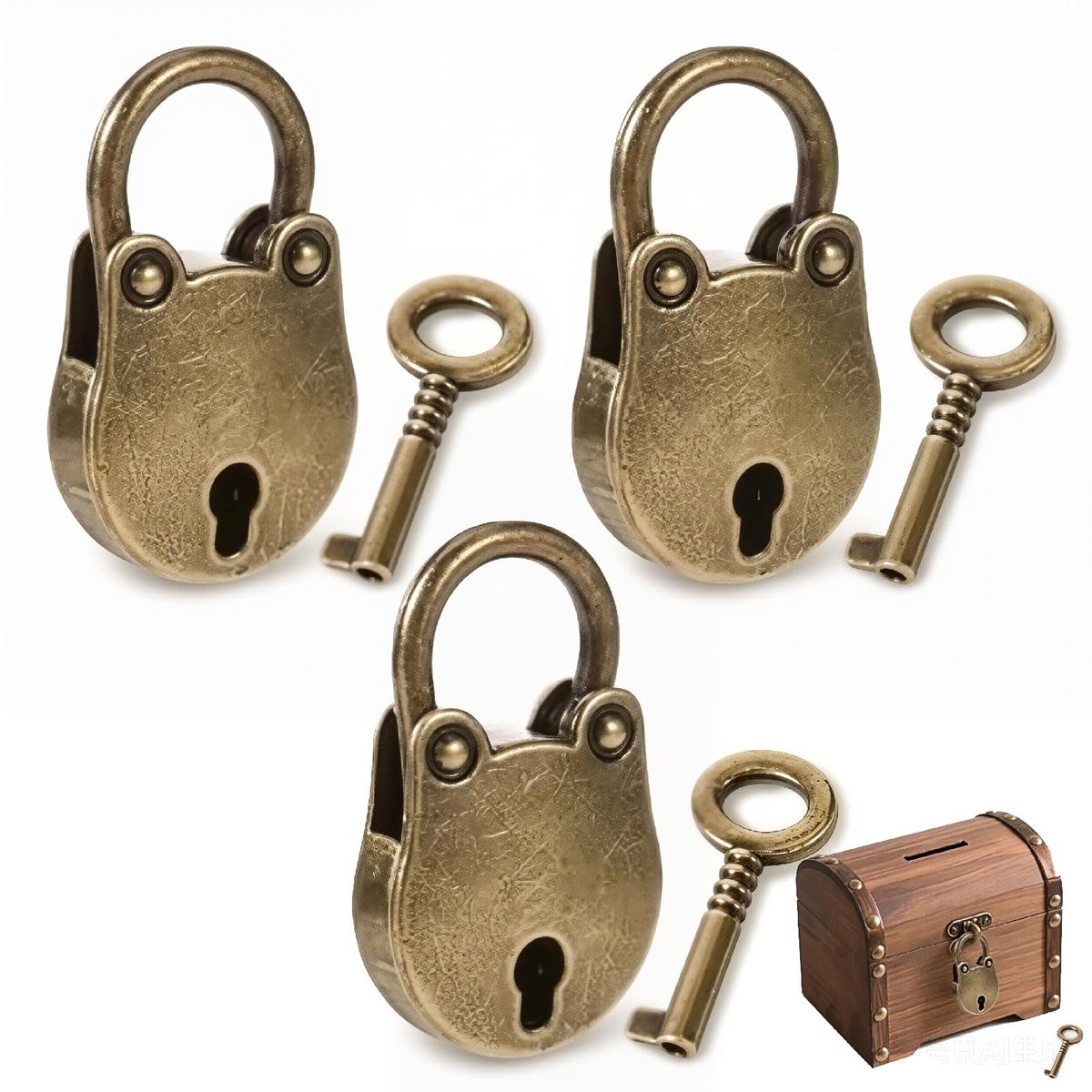 mini hangslot 3 stuks - vintage antieke metalen - hart- en berenvorm - perfect voor koffers en sieradendozen - SnelShoppen