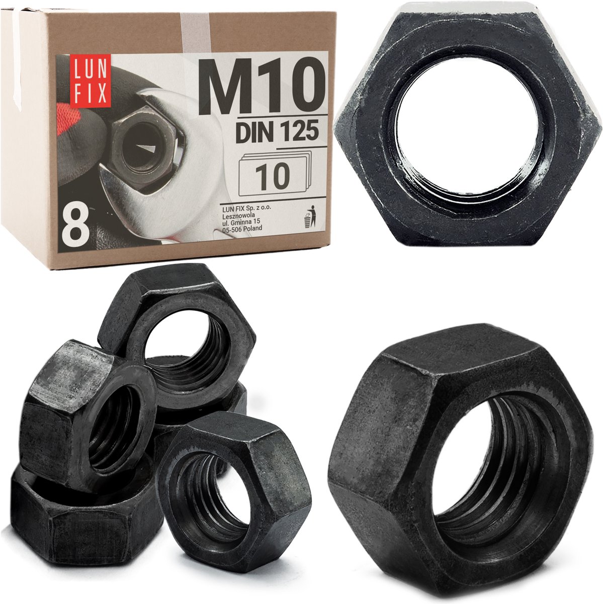LUN FIX - Zeskantmoer M10 zwart - 10 stk - DIN 934 - Sterkte 8 - Verzinkt staal